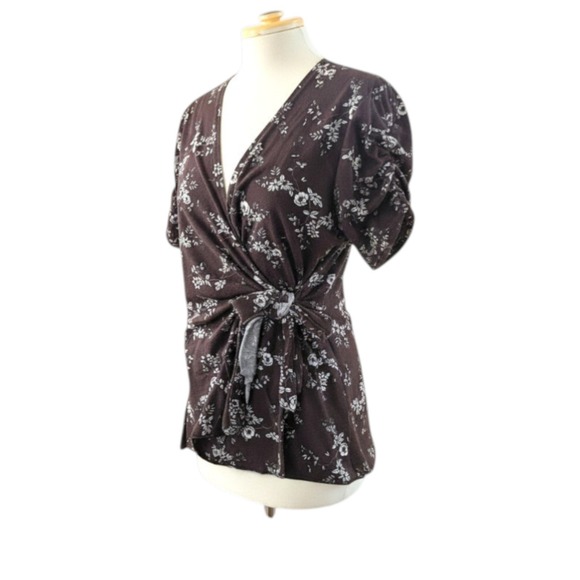 Boohoo Womens Brown Floral Wrap Top Ruched Short Sleeve V-Neck Size US 16 - Picture 3 of 6